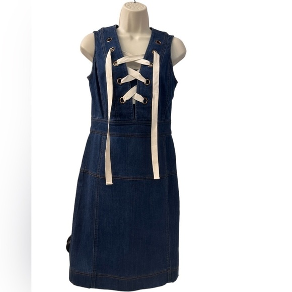 ETCETERA Blue Denim Stretch Dress Lace Up Neckline Size 2 - Picture 1 of 13